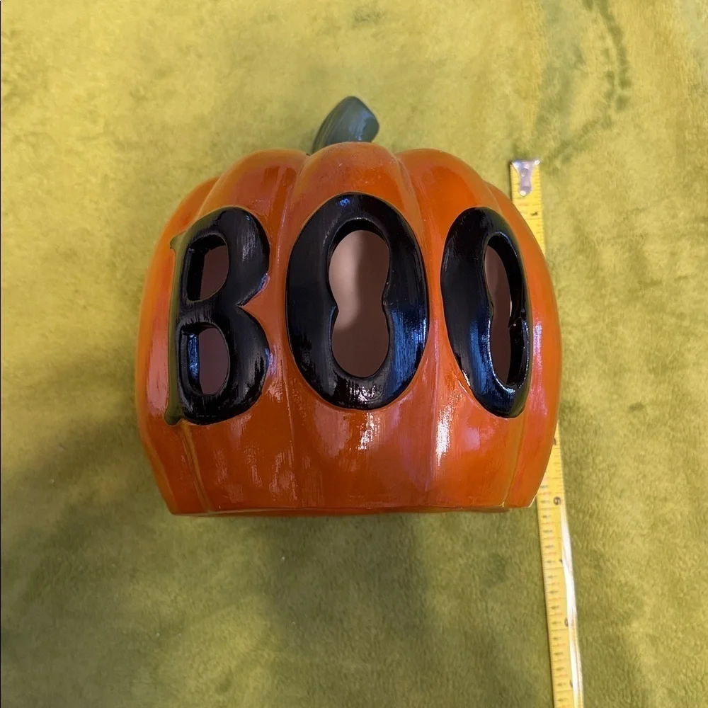 Decorative Light Up Boo Halloween Orange Pumpkin (green stem) Approximately 6”